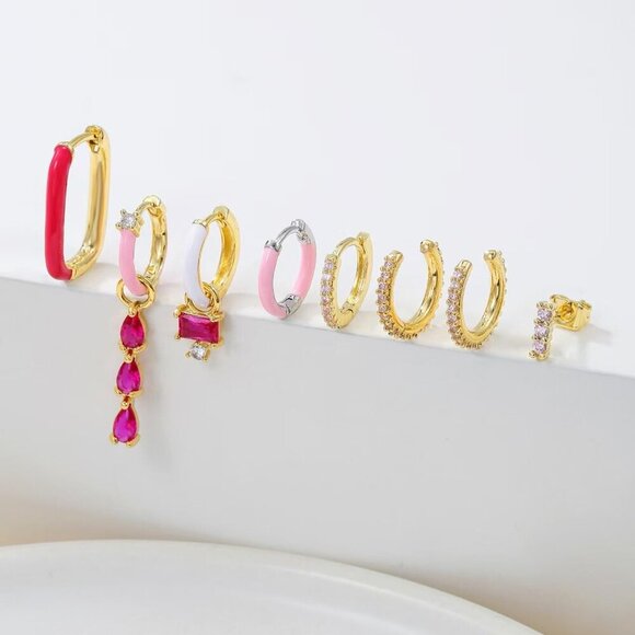 7Pcs  Pink Gold Hoop Multiple Piercing Hypoallergenic Hoop Earrings for Women - Picture 3 of 6